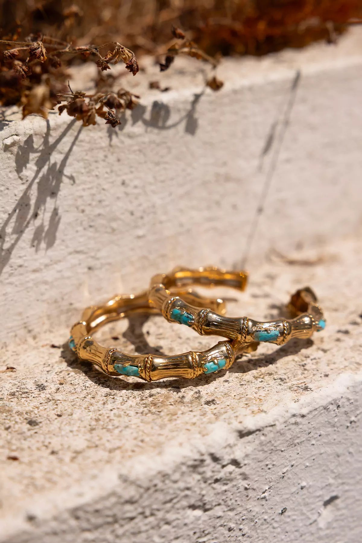 Boucles d'oreilles BAMBOU strass doré à l'or fin - Turquoise