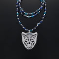 Sautoir de perles en pierre et en argent plaqué, pendentif tigre