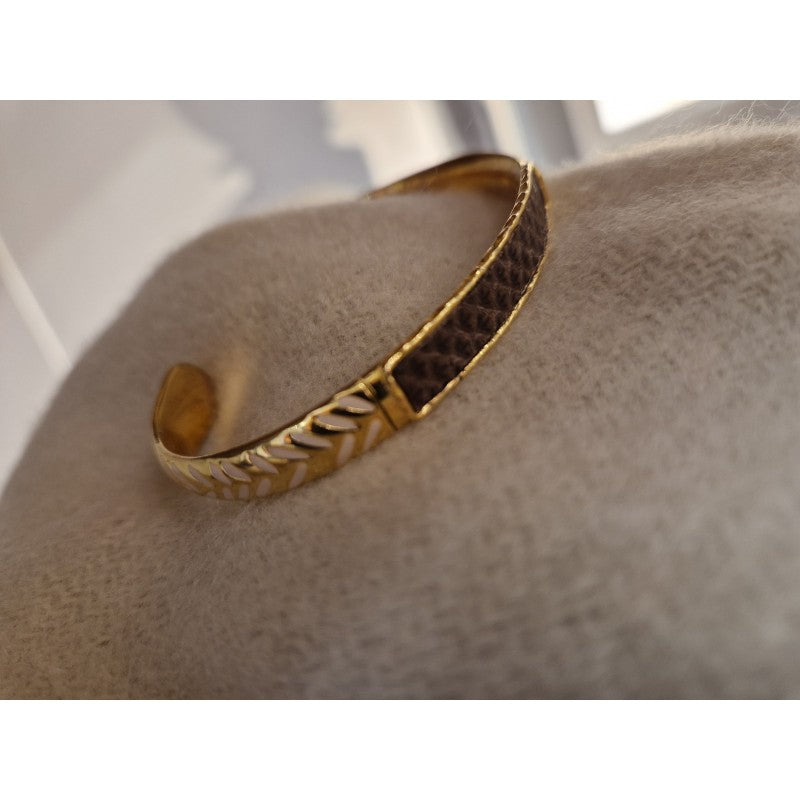 Bracelet jonc plaqué or, cuir et émail tressé