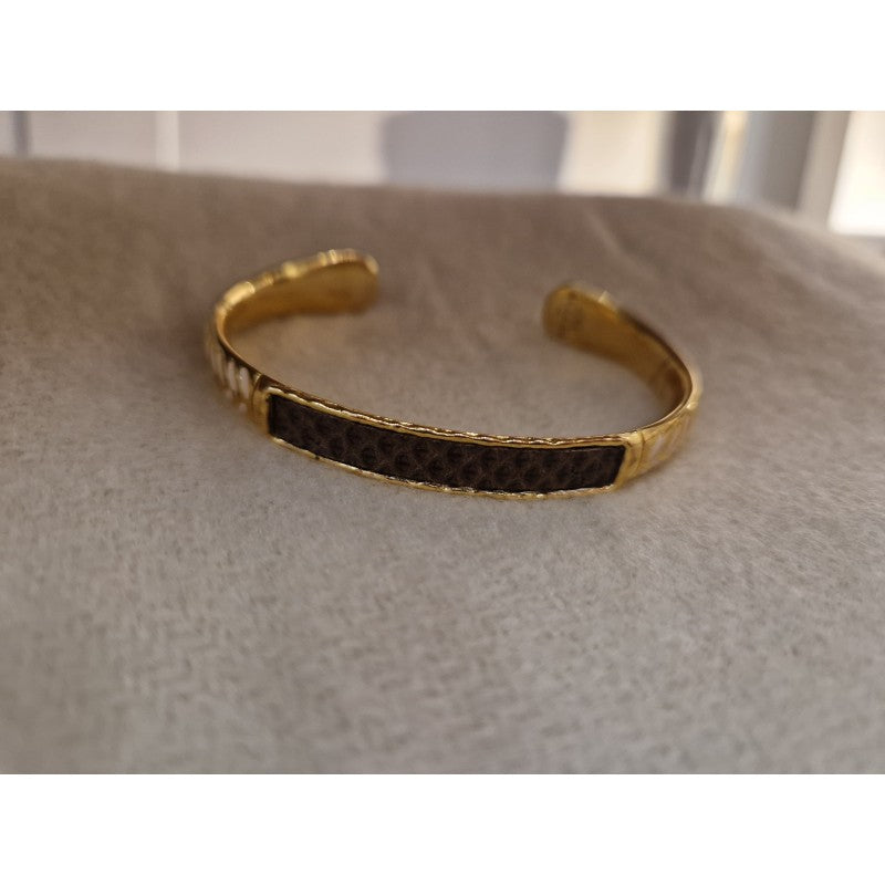 Bracelet jonc plaqué or, cuir et émail tressé