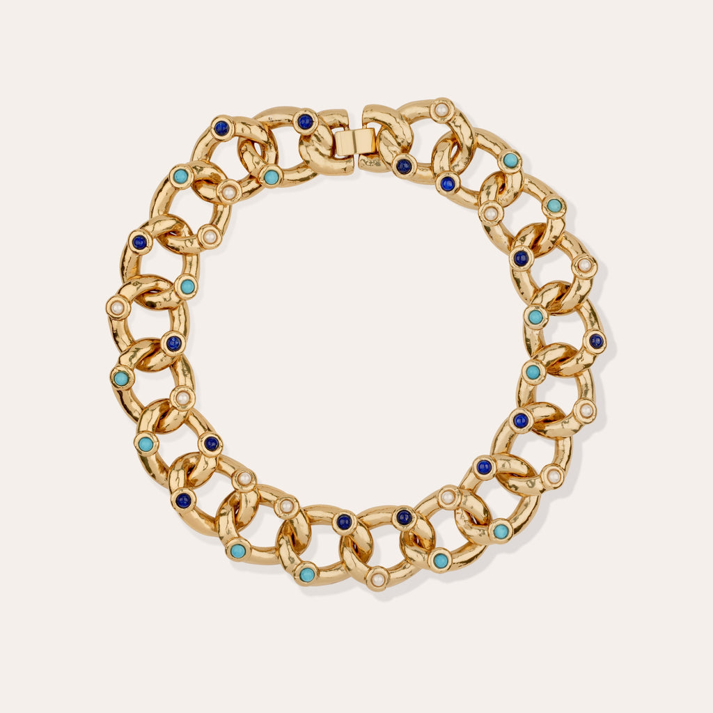 Collier Mitsi doré - Lapis, Turquoise & Nacre blanche