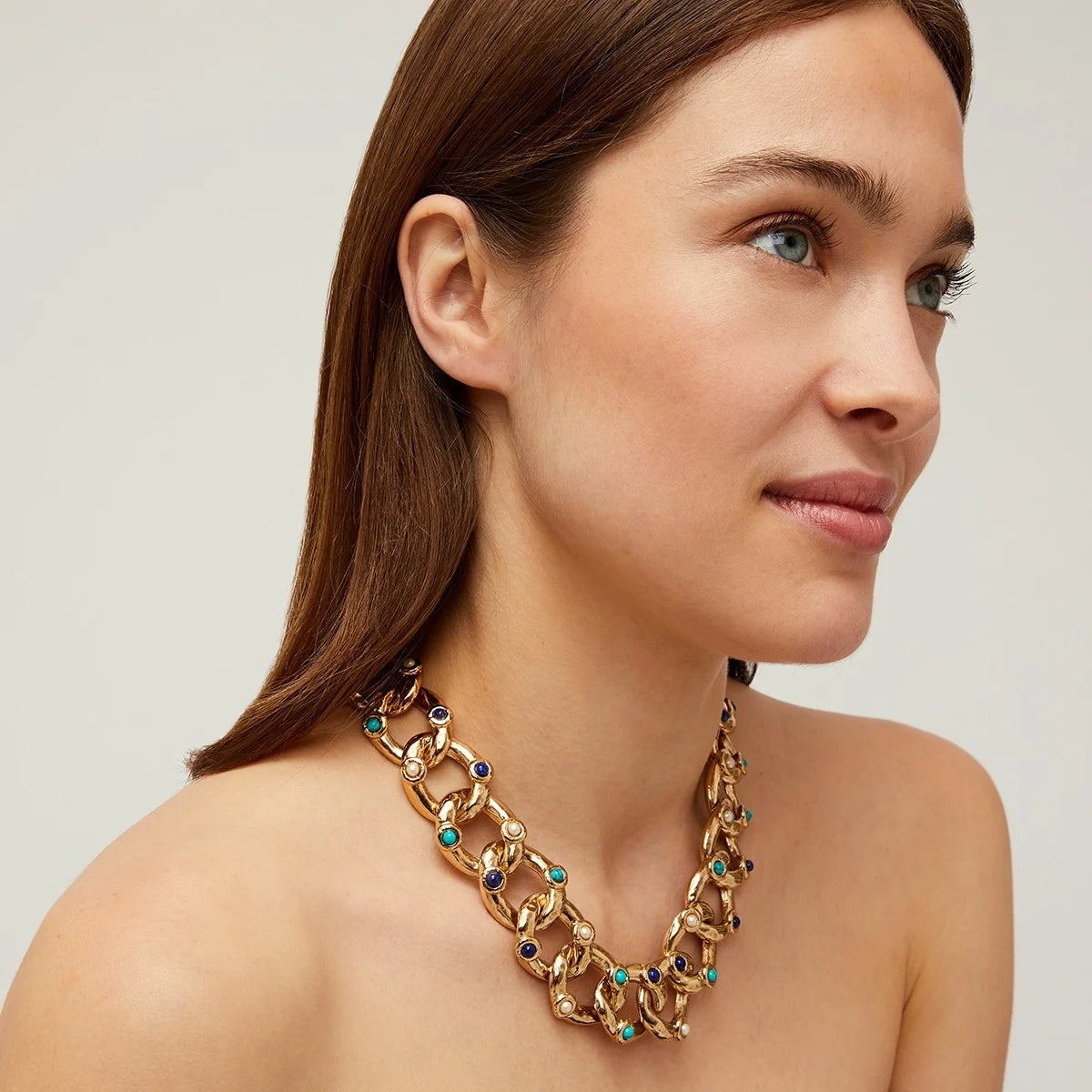 Collier Mitsi doré - Lapis, Turquoise & Nacre blanche